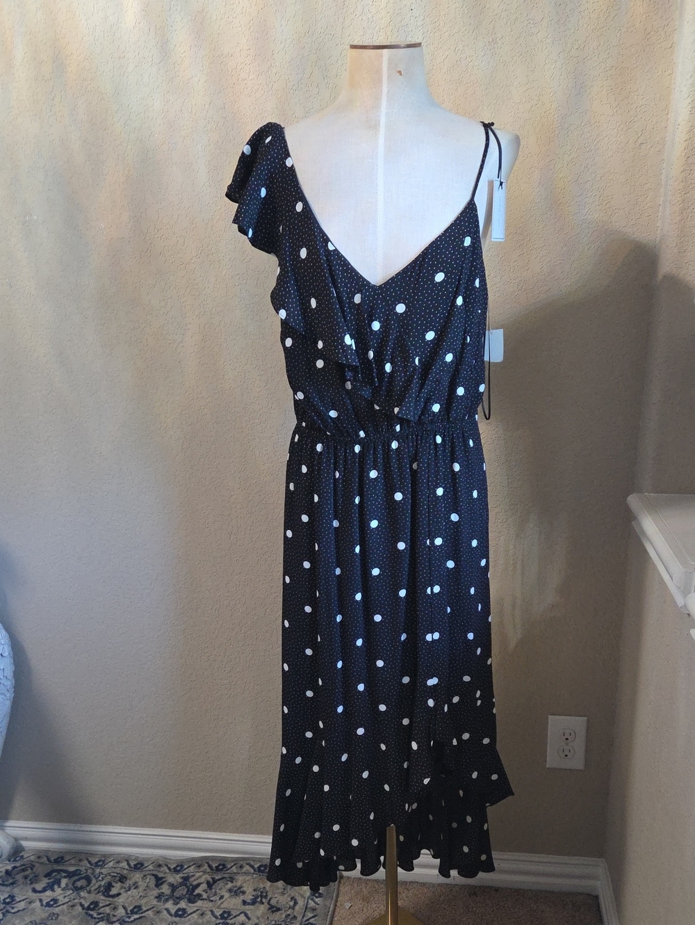 1. State Black Polka Dot One-Shoulder Midi Dress